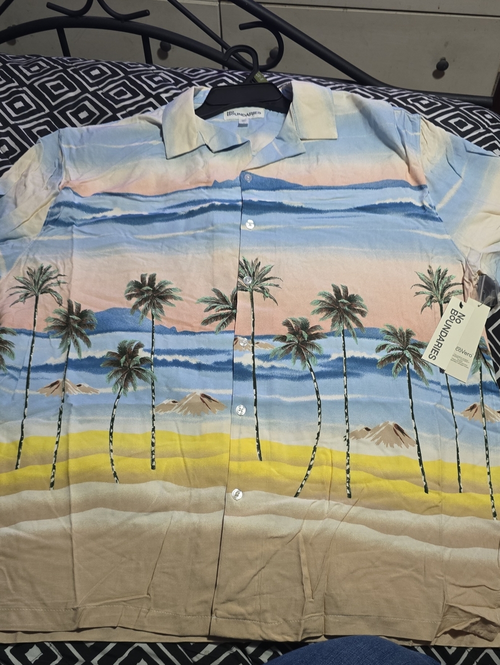 No Boundaries Men's Pastel Palm Print Button-Up Shirt - Blue, Yellow, Beige